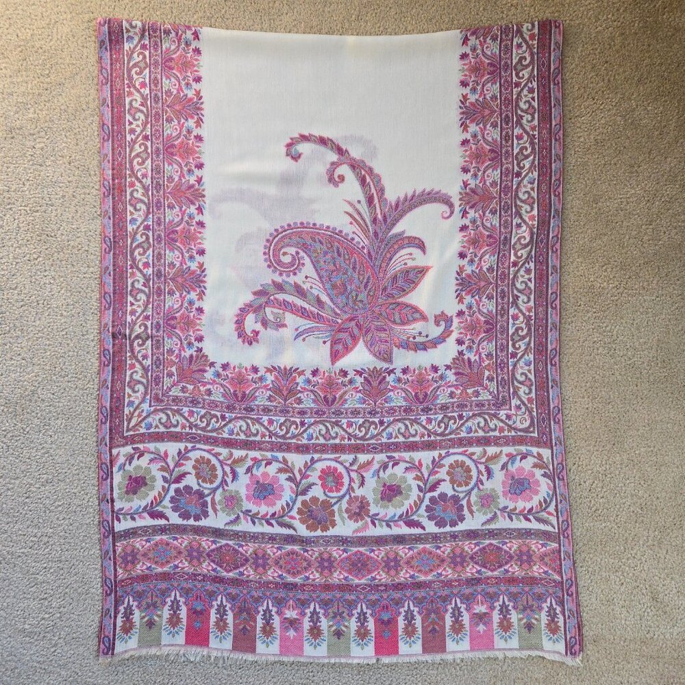 NWOT Cashmere Kashmiri Scarf Shawl Jacquard Embroidered Pink Purple - Picture 12 of 16